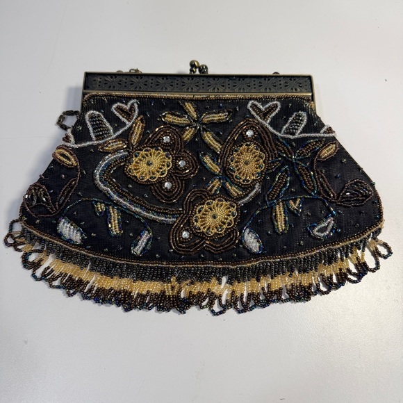 Vintage Floral Beaded Fringe Evening Shoulder Bag Purse Clutch Kiss Clasp